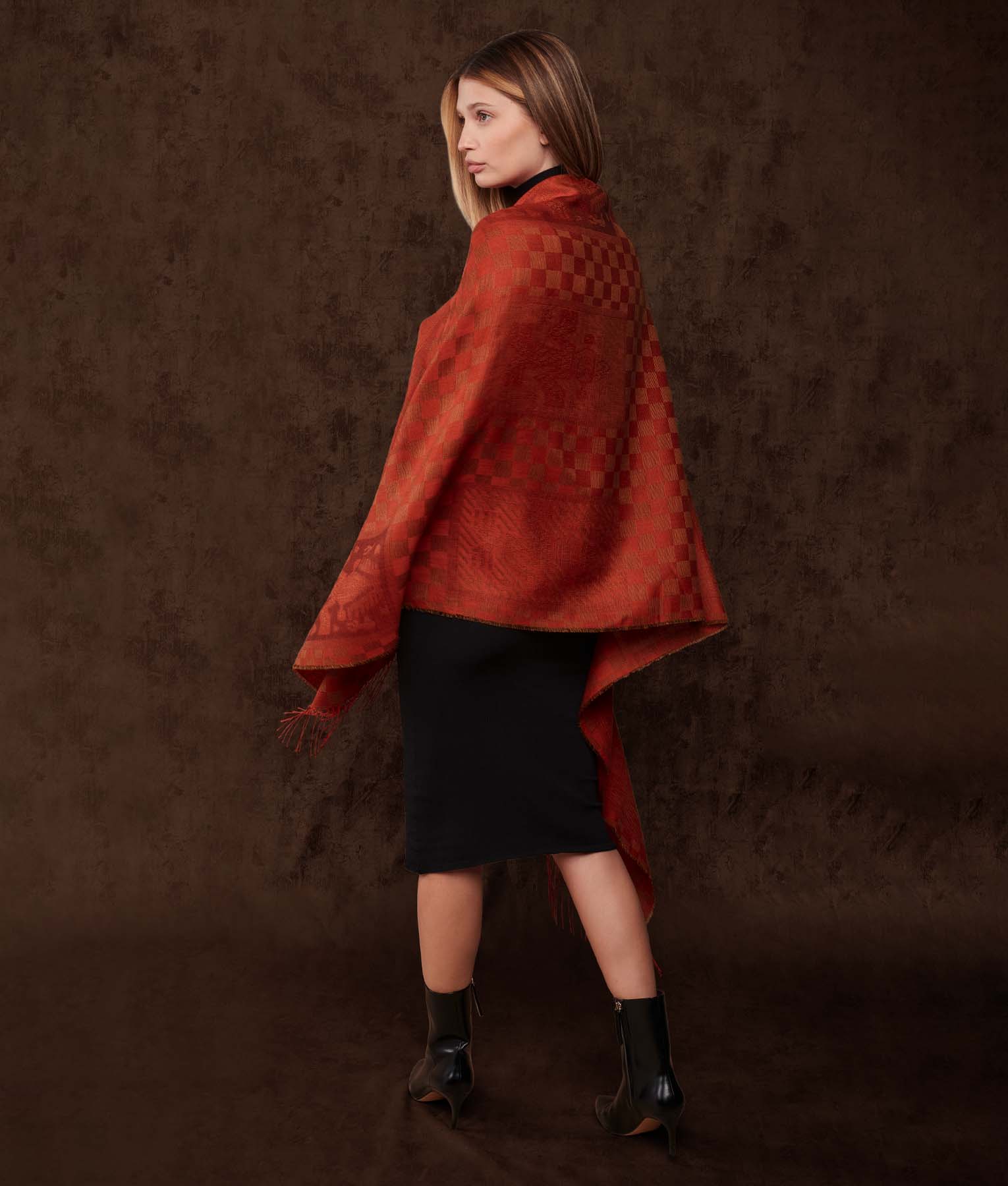 Chimu Checker Shawl - Ocher And Red