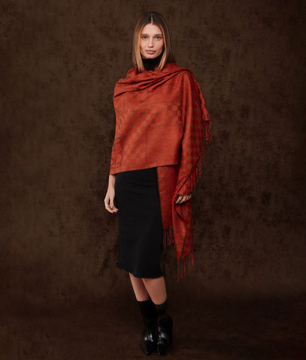 Chimu Checker Shawl — Ocher And Red — ocher and red baby alpaca by Sol Alpaca
