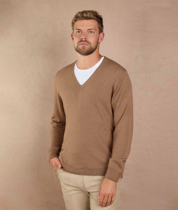Jersey V Neck Pullover — tabaco brown alpaca by Sol Alpaca
