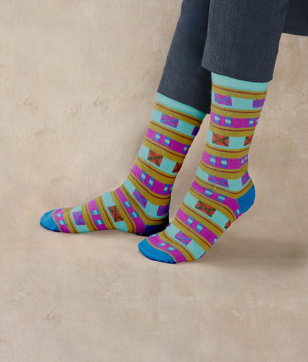 Crossed Ladies Socks — Summer Green And Neon Pink — summer green and neon pink baby alpaca by Sol Alpaca
