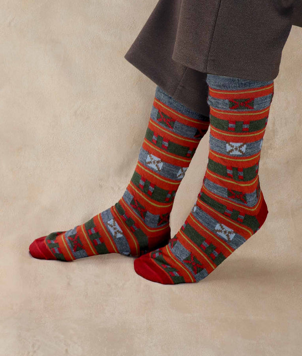 Crossed Ladies Socks — Oranges And Gray — oranges and gray baby alpaca by Sol Alpaca