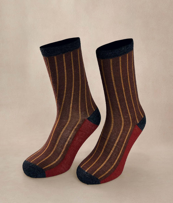 Women Socks Ribbed Color Block - brown — brown baby alpaca by Sol Alpaca