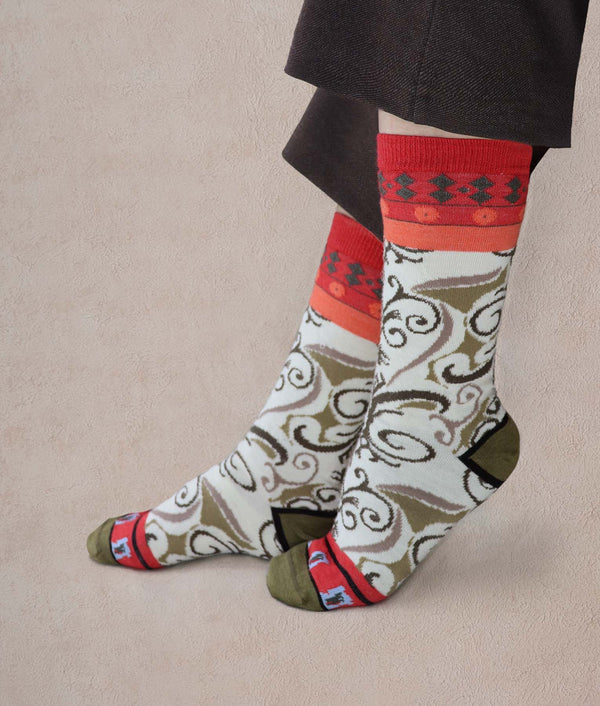 Wall Paper Pattern Women's Socks — mist cream and scarlet rose baby alpaca by Sol Alpaca