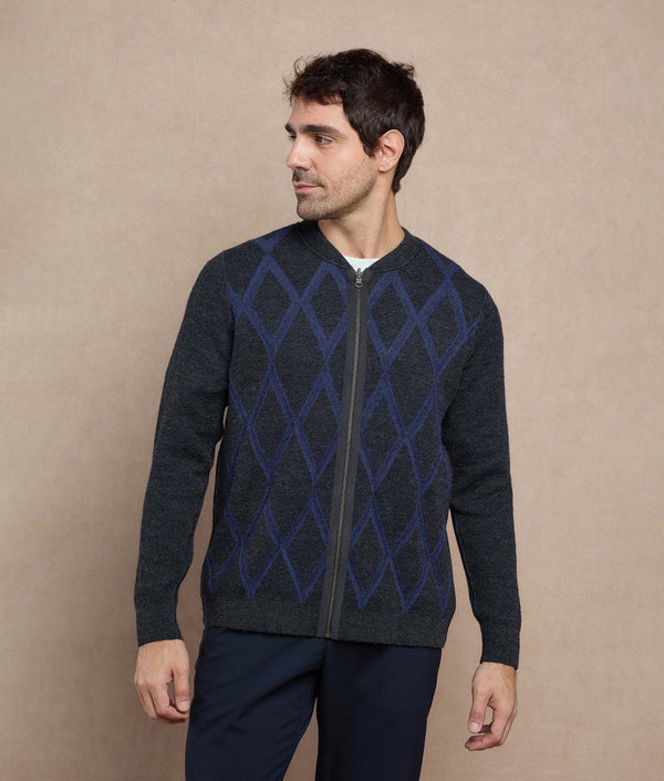 Reversible Diamond Cardigan — charcoal gray and indigo blue baby alpaca by Sol Alpaca