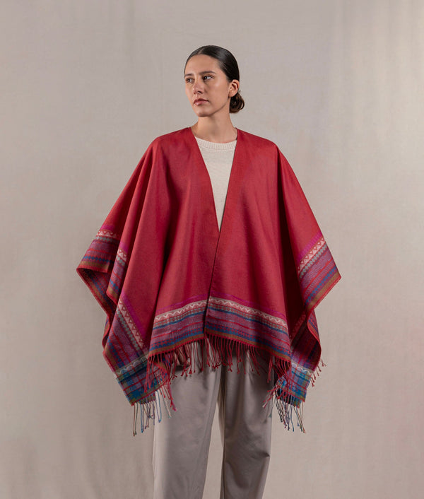 Jacquard El Pueblo Cape - Deep Crimson Red — deep crimson red baby alpaca by Sol Alpaca