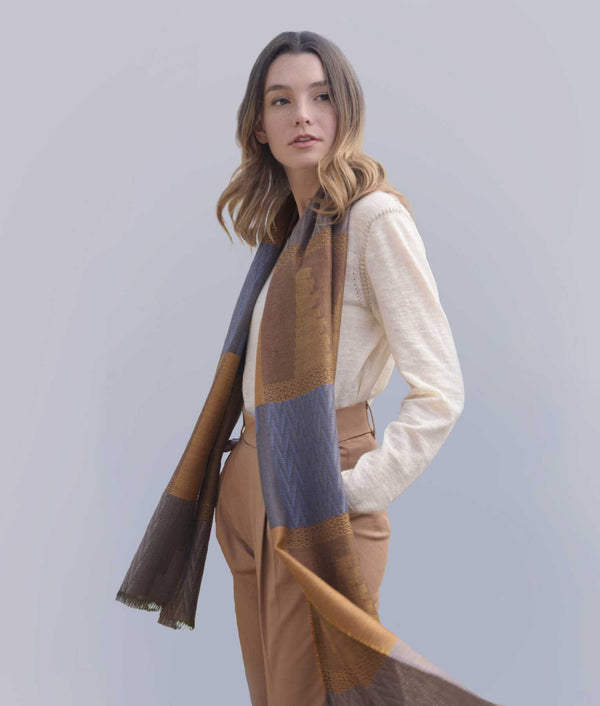 Inca Triumph Scarf — Brown And Blue — brown and blue baby alpaca by Sol Alpaca