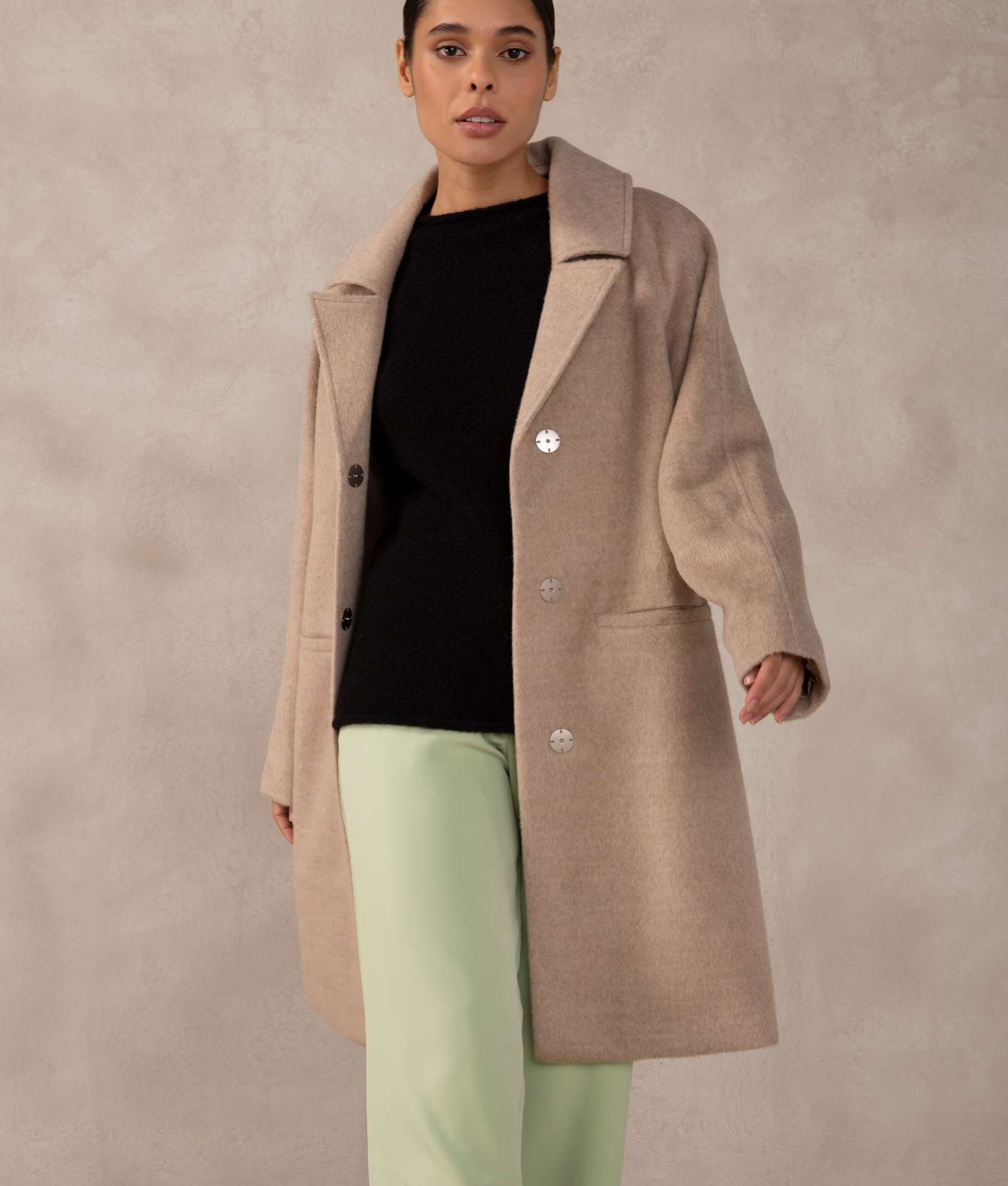 Sand Curved Yoke Long Baby Alpaca & Wool Overcoat – Sol Alpaca USA