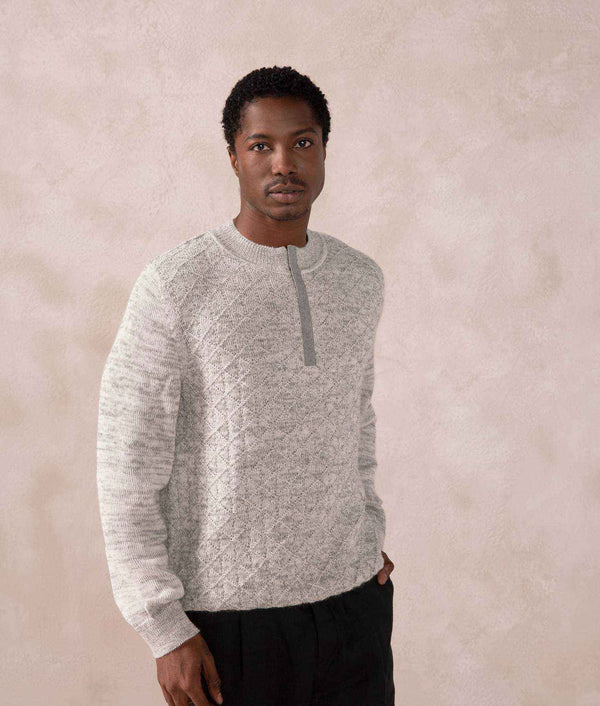 Half-Zip Ramsey Sweater — oyster mushroom and white snow baby alpaca by Sol Alpaca